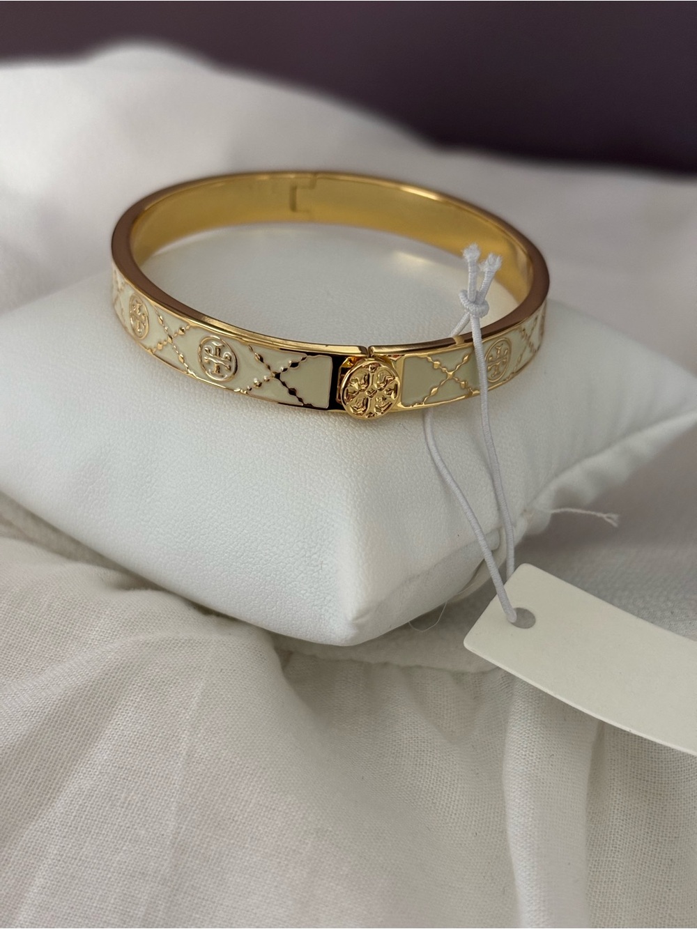 Tory Burch Gold and Cream Enamel Logo Bangle - Picture 3 of 4